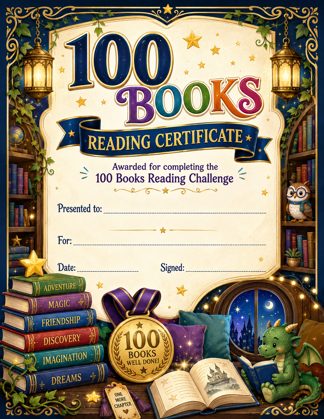100 Books Reading Achievement Certificate printable preview