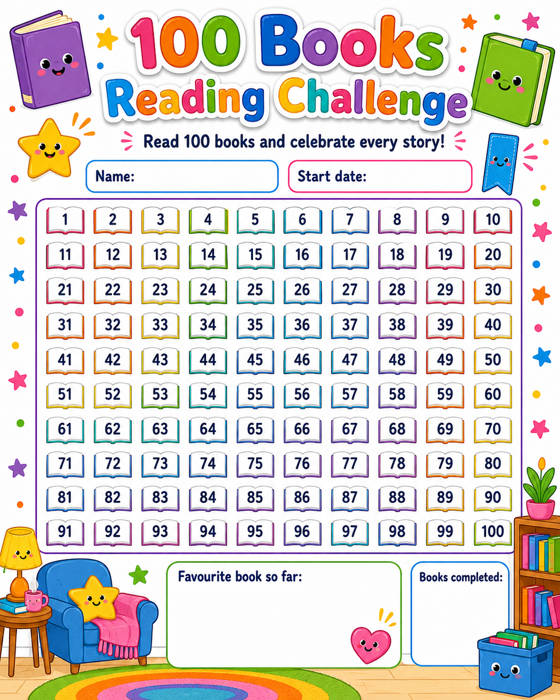 100 Books Reading Challenge Tracker printable preview