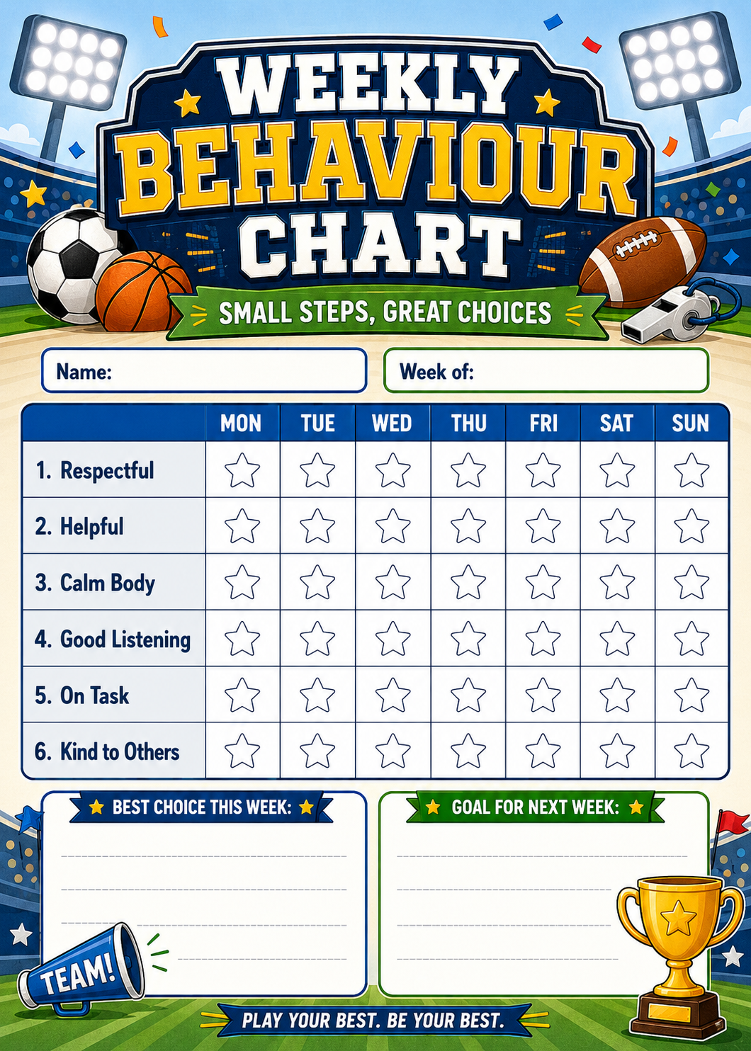 Behaviour Goals Weekly Chart printable preview