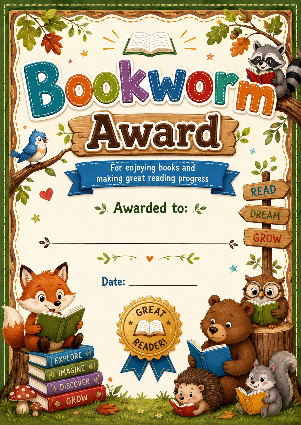 Bookworm Award printable preview