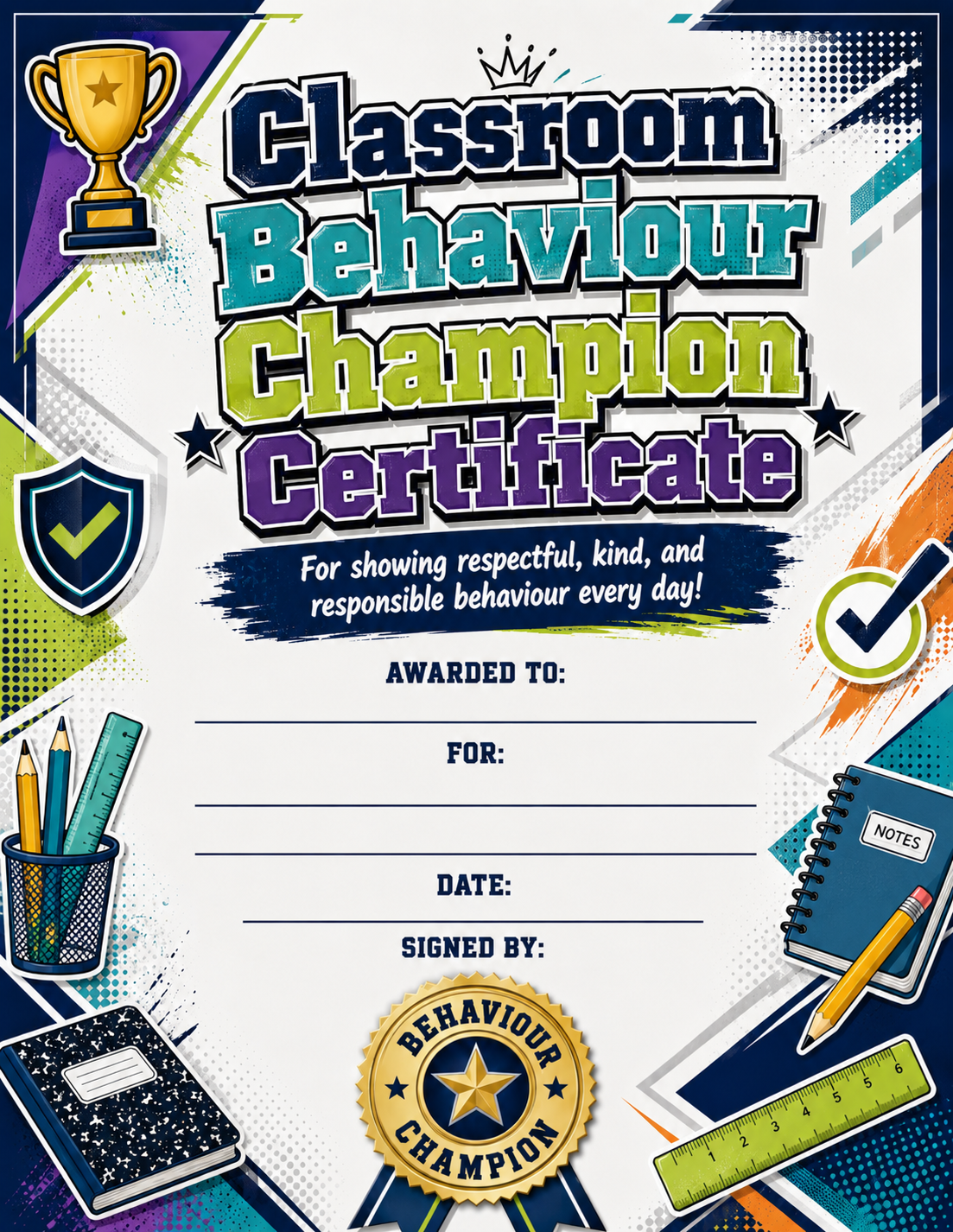 Classroom Behaviour Champion Certificate printable preview