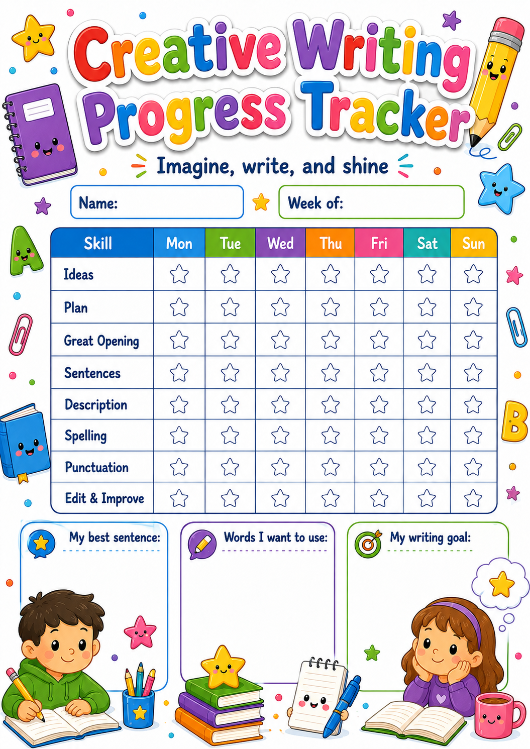 Creative Writing Progress Tracker printable preview