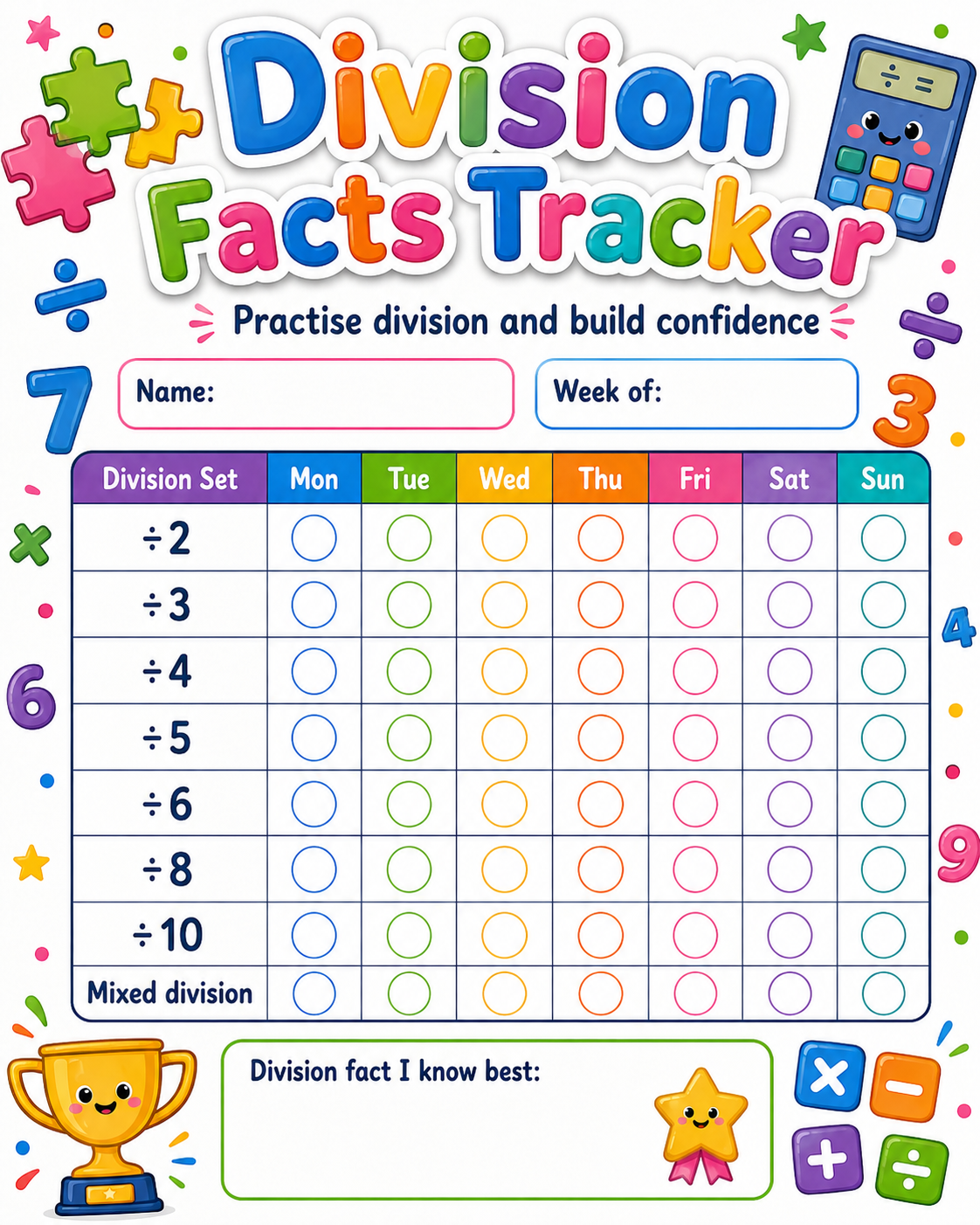 Division Facts Progress Tracker printable preview
