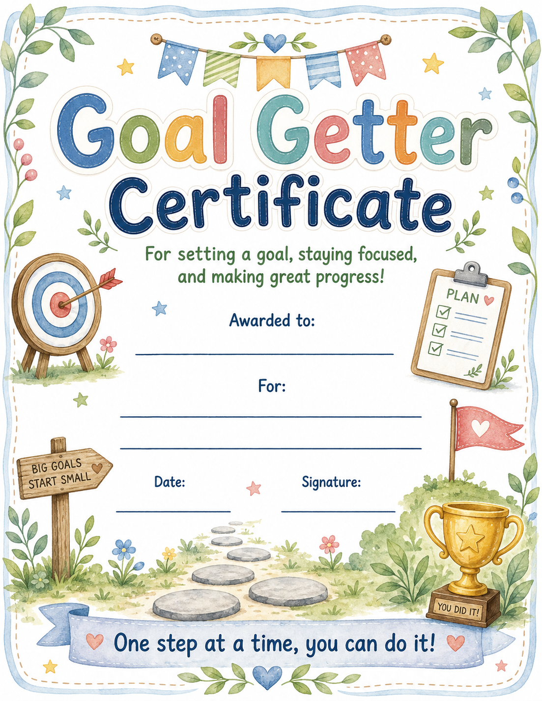 Goal Getter Certificate printable preview