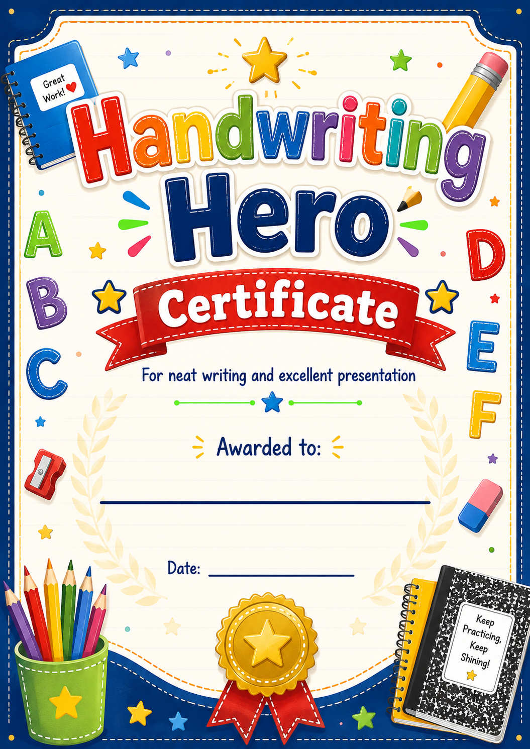 Handwriting Hero Certificate printable preview