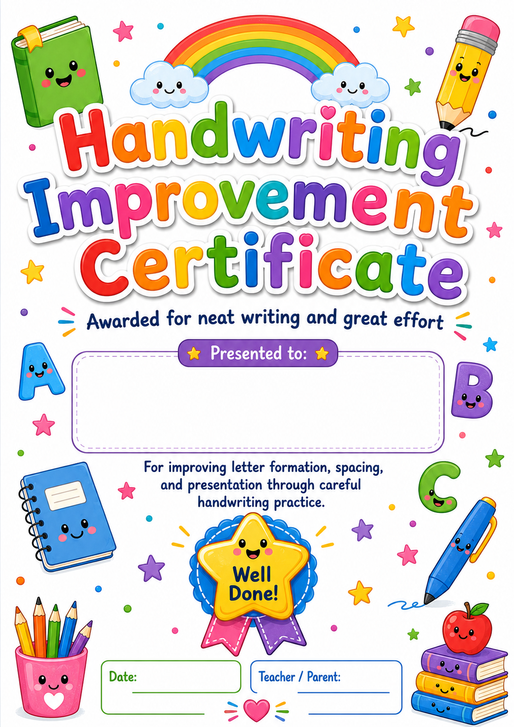 Handwriting Improvement Certificate printable preview