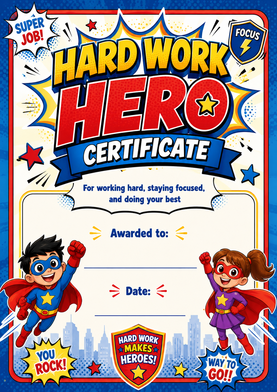 Hard Work Hero Certificate printable preview