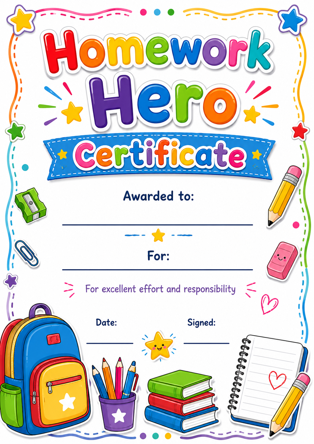 Homework Hero Achievement Certificate printable preview