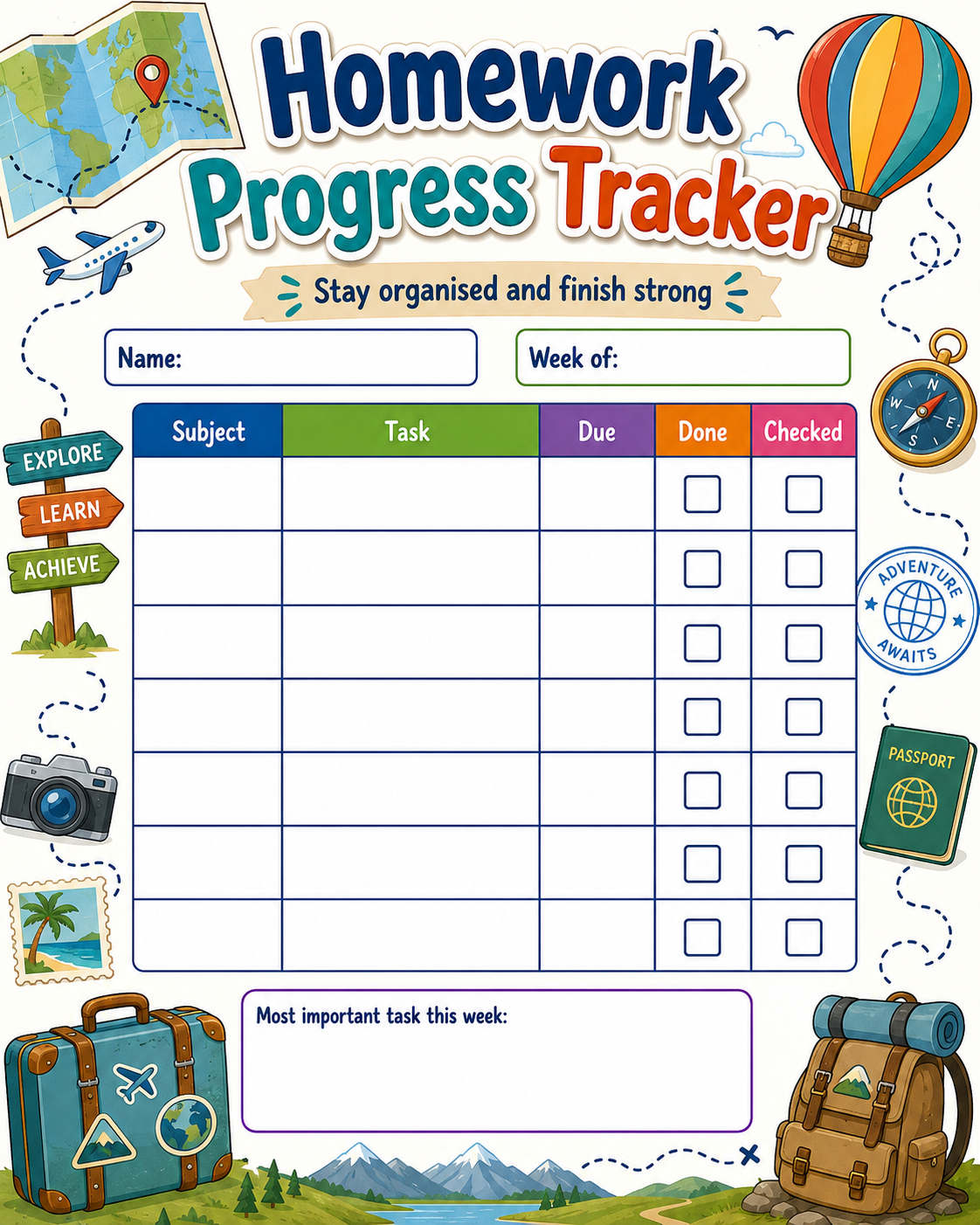 Homework Organisation Tracker printable preview