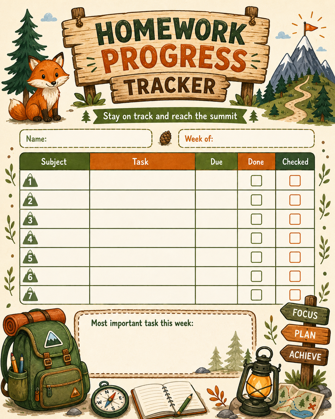 Homework Progress Checklist printable preview