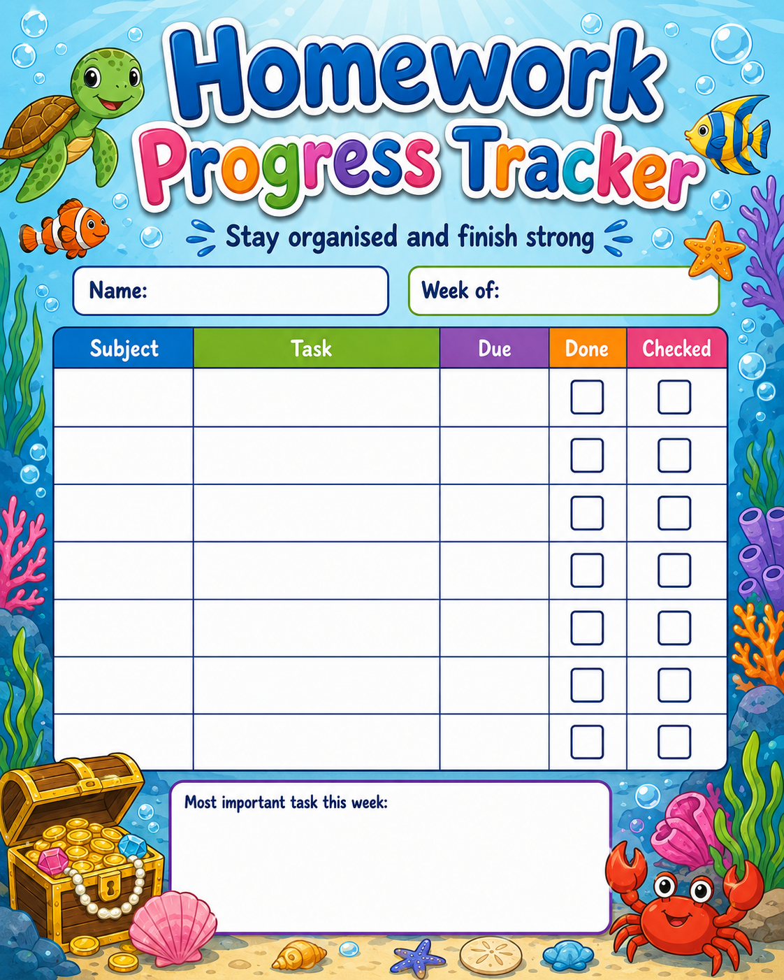 Homework Task Planner printable preview