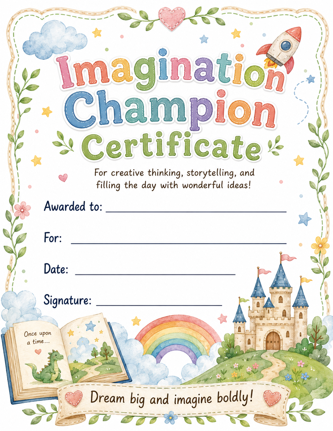Imagination Champion Certificate printable preview