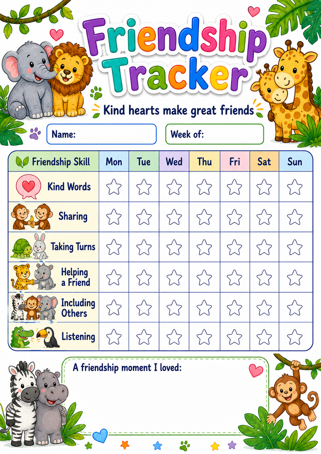 Jungle Friendship Tracker printable preview