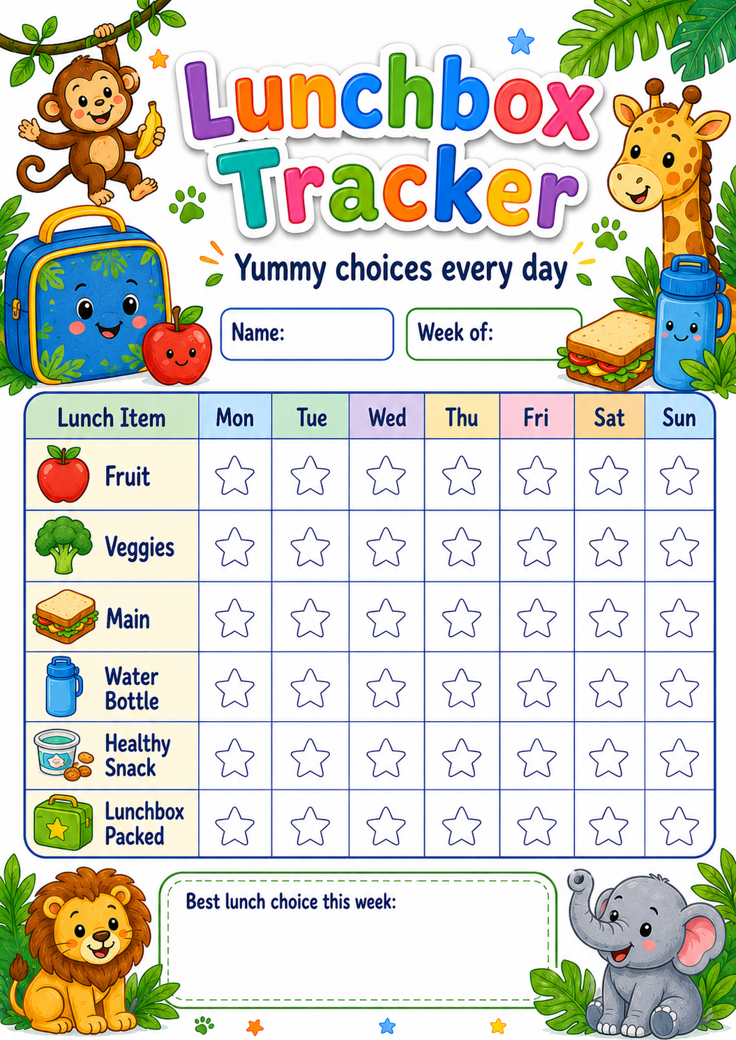 Jungle Lunchbox Tracker printable preview