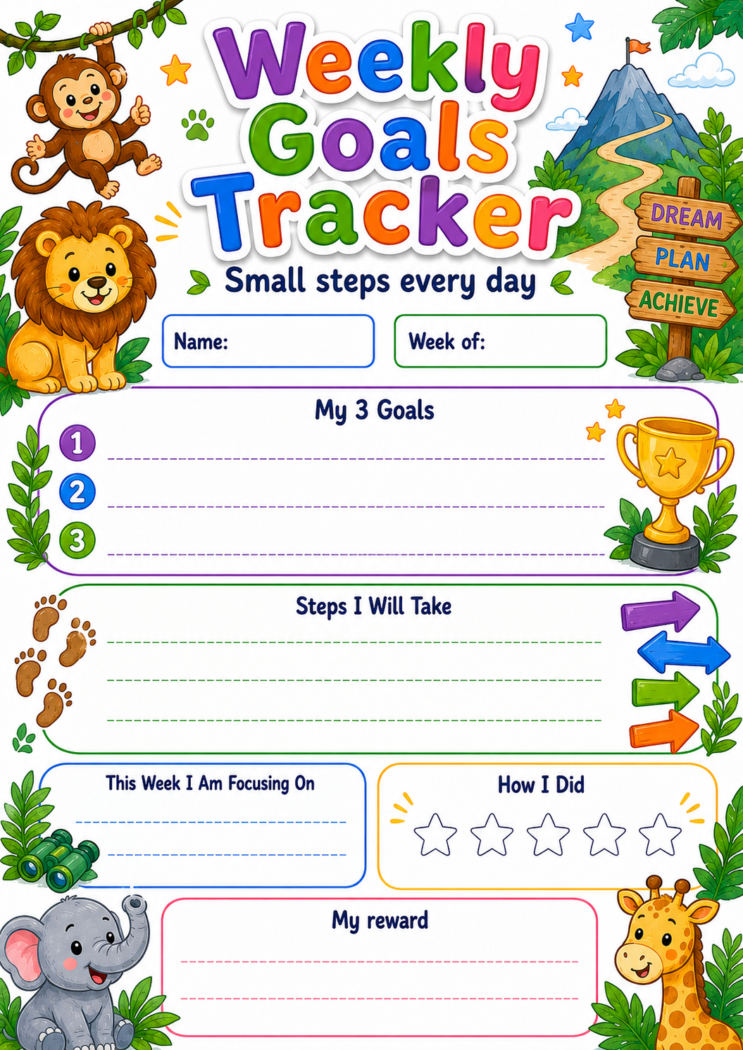 Jungle Weekly Goals Tracker printable preview