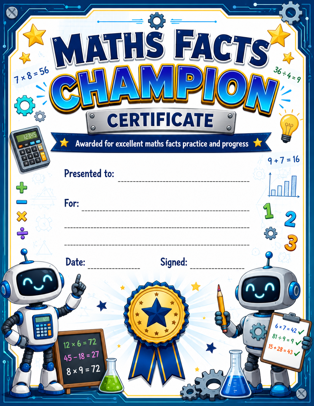Maths Facts Champion Certificate printable preview