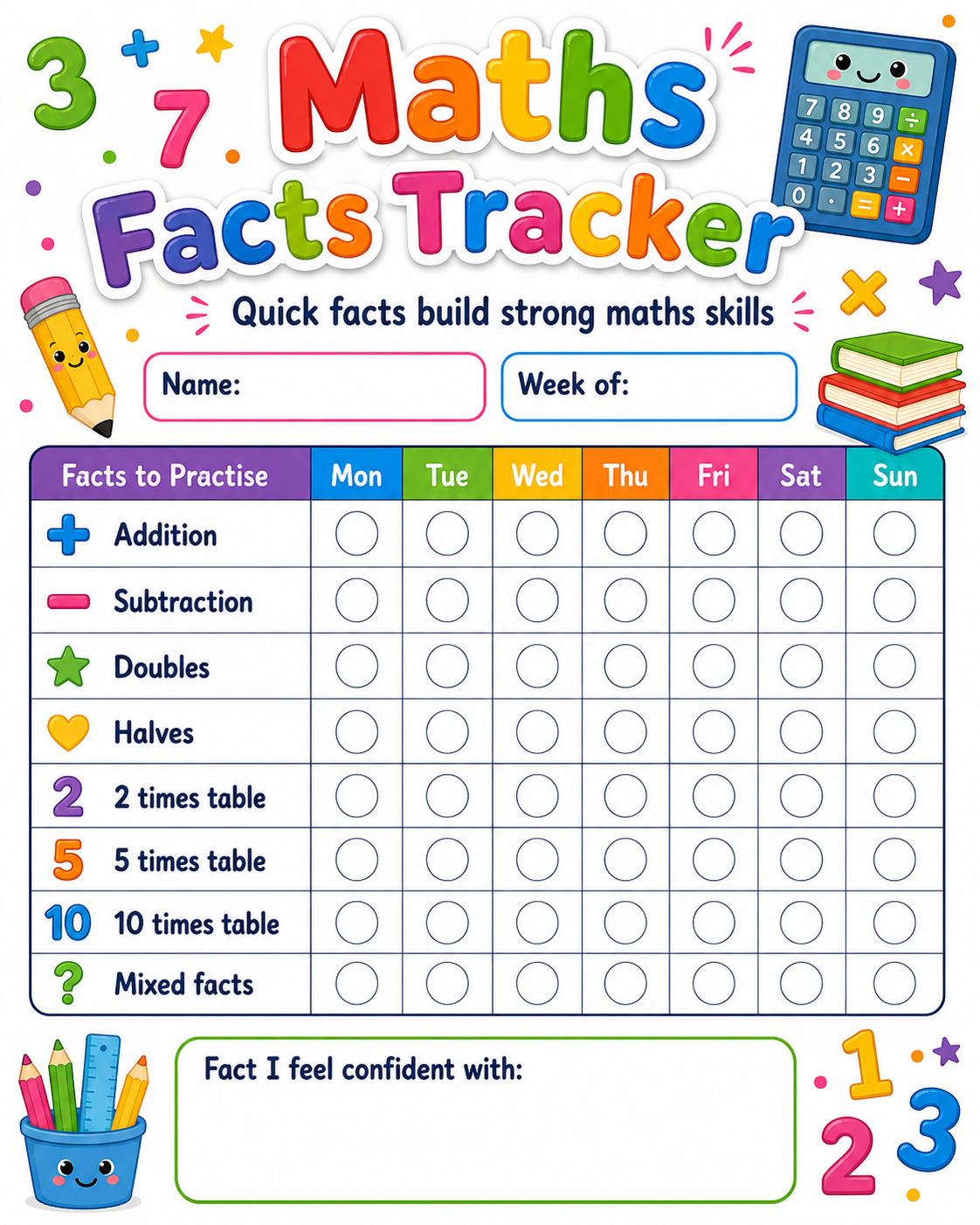 Maths Facts Progress Tracker printable preview