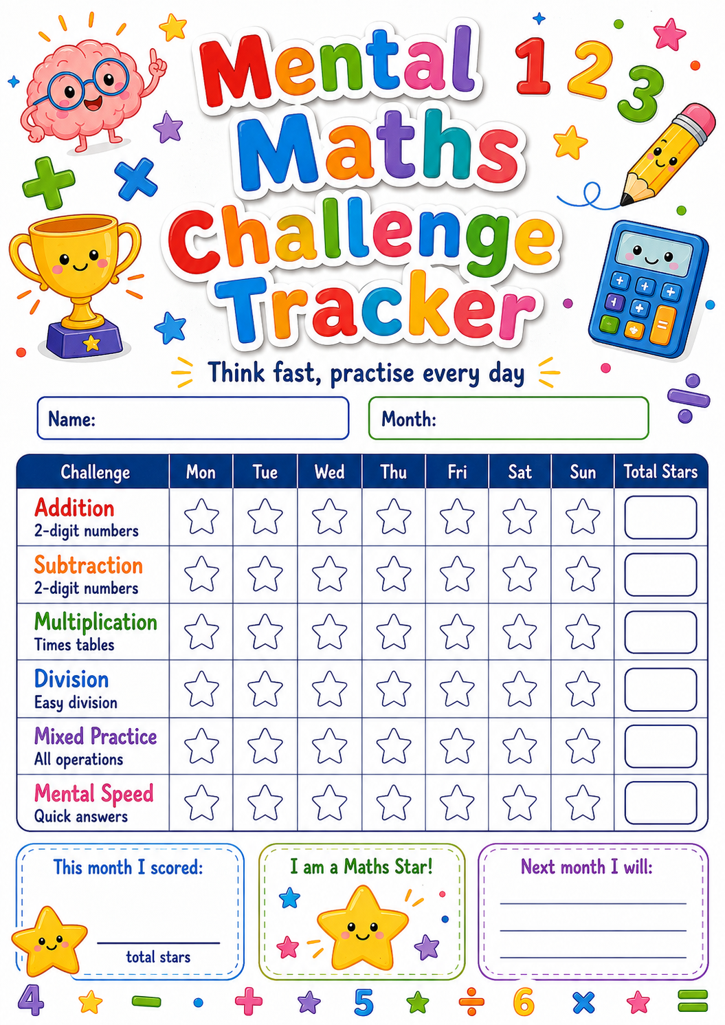 Mental Maths Challenge Progress Tracker printable preview