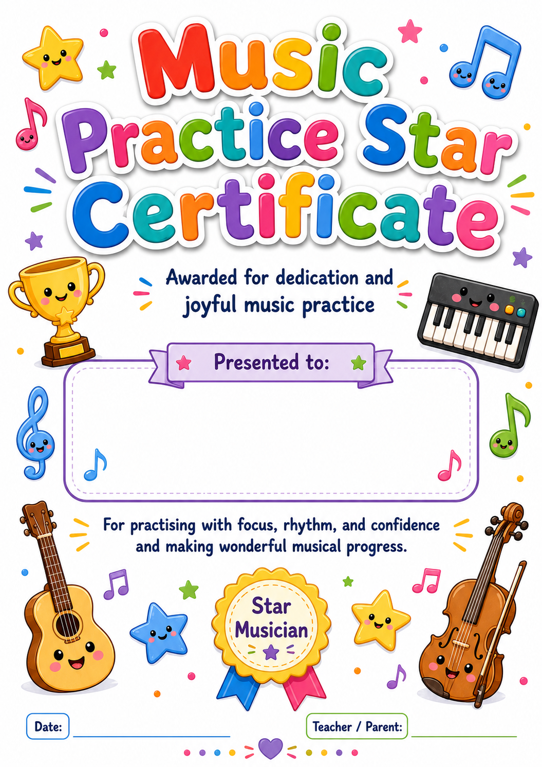Music Practice Star Certificate printable preview