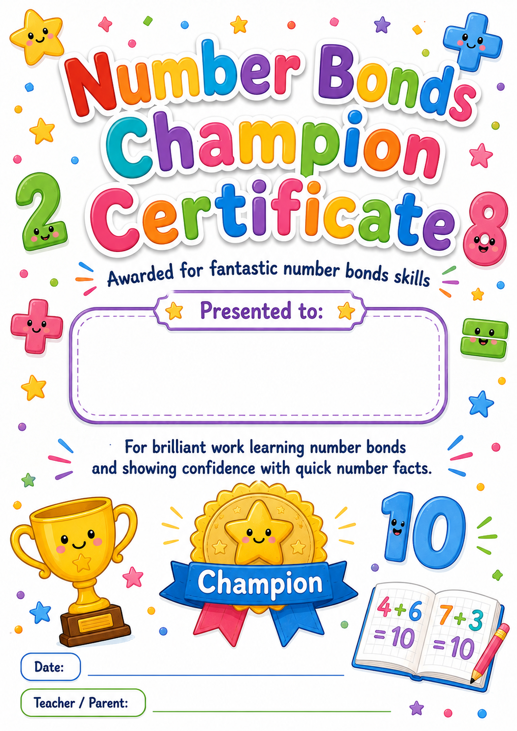 Number Bonds Champion Certificate printable preview