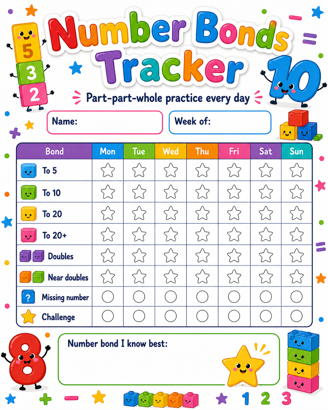Number Bonds Progress Tracker printable preview