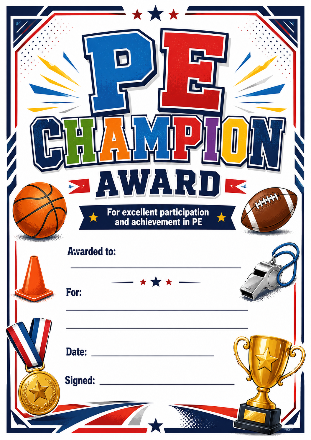 PE Champion Certificate printable preview