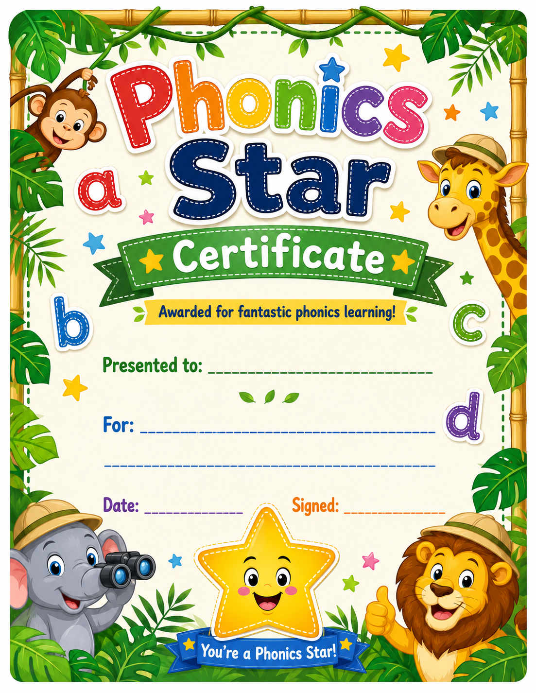 Phonics Star Achievement Certificate printable preview