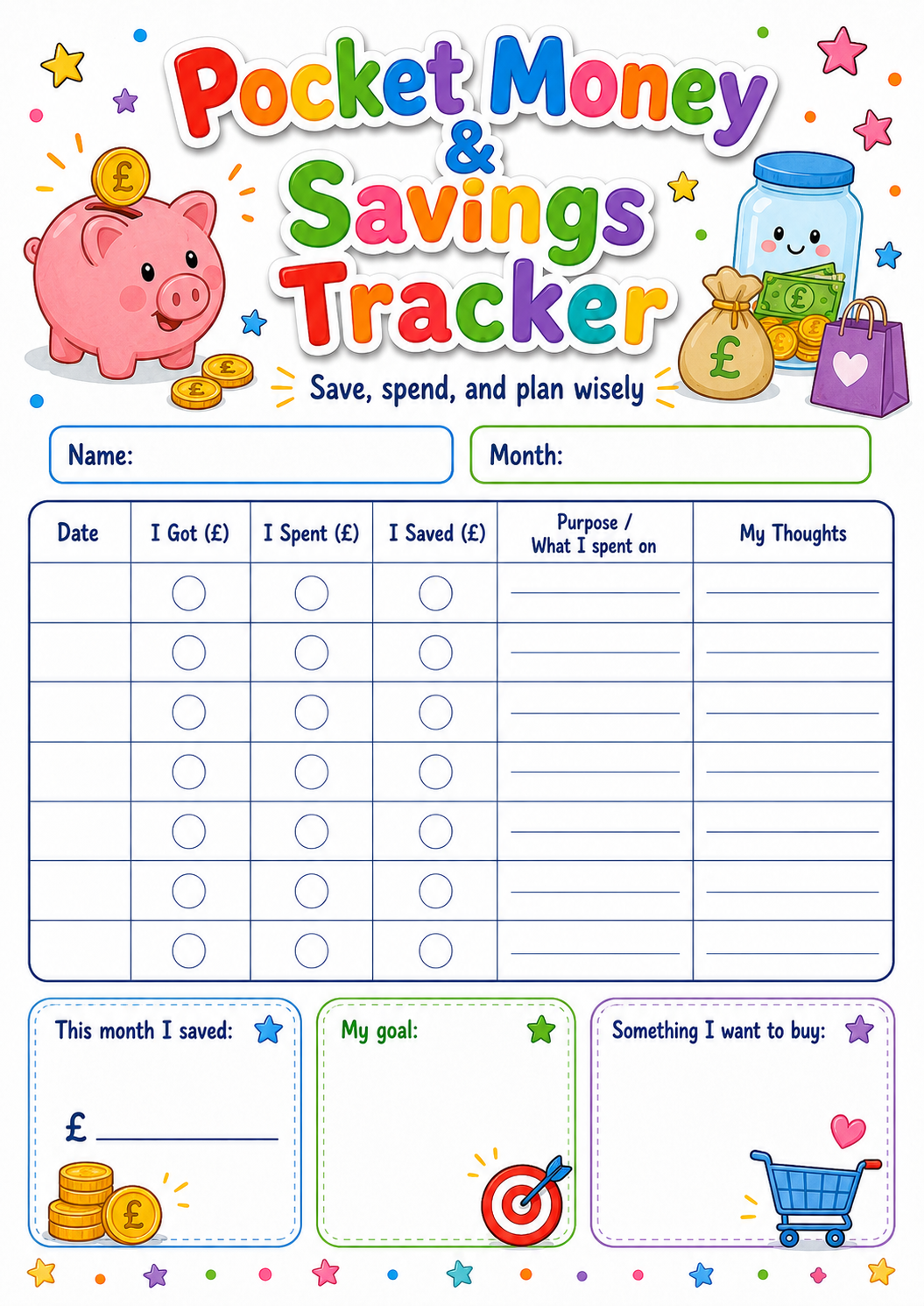 Pocket Money Savings Goal Tracker printable preview