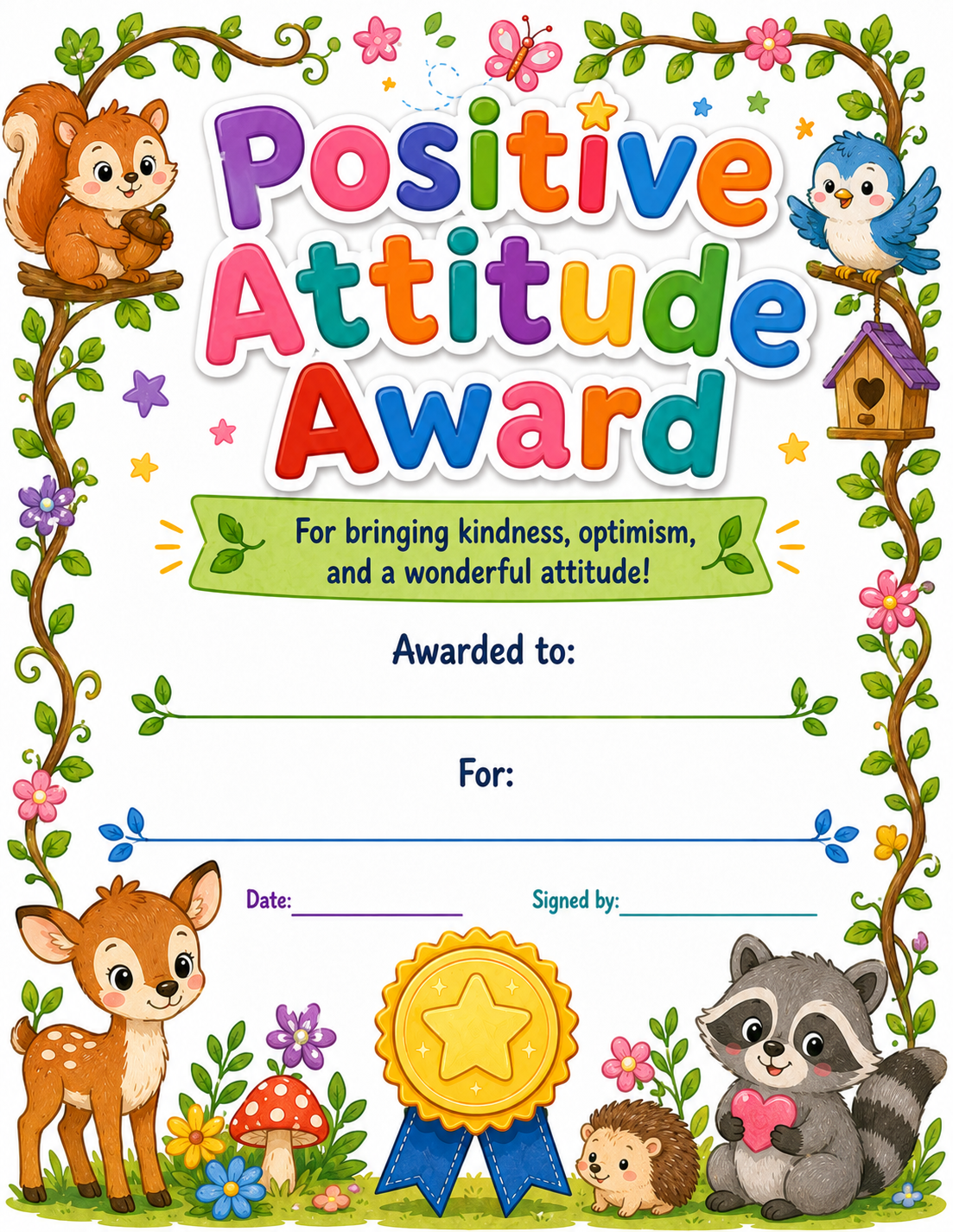 Positive Attitude Award printable preview