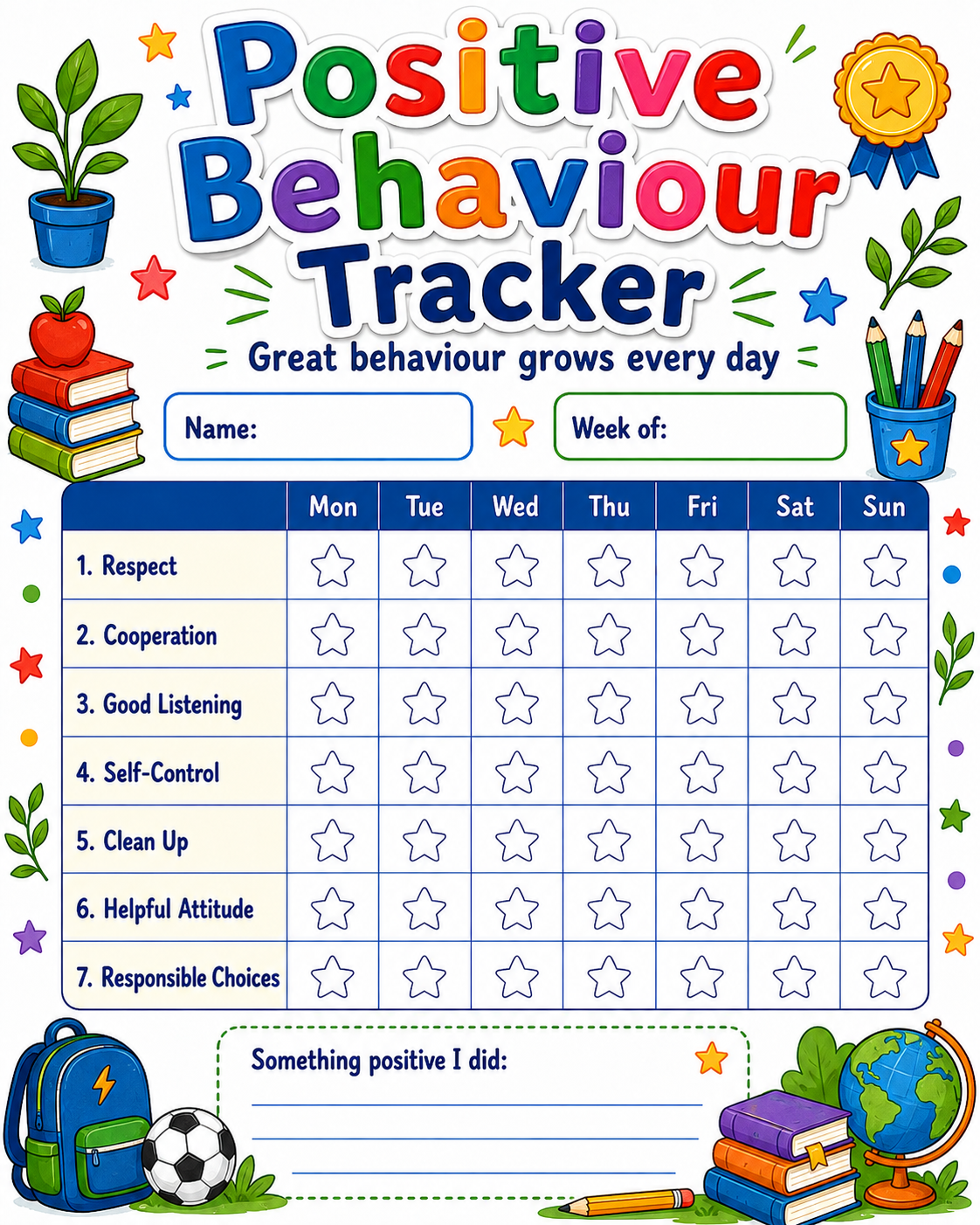 Positive Behaviour Tracker printable preview