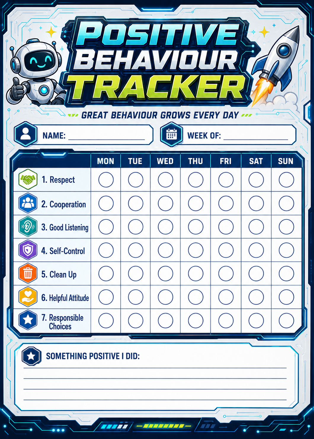 Positive Behaviour Weekly Tracker printable preview