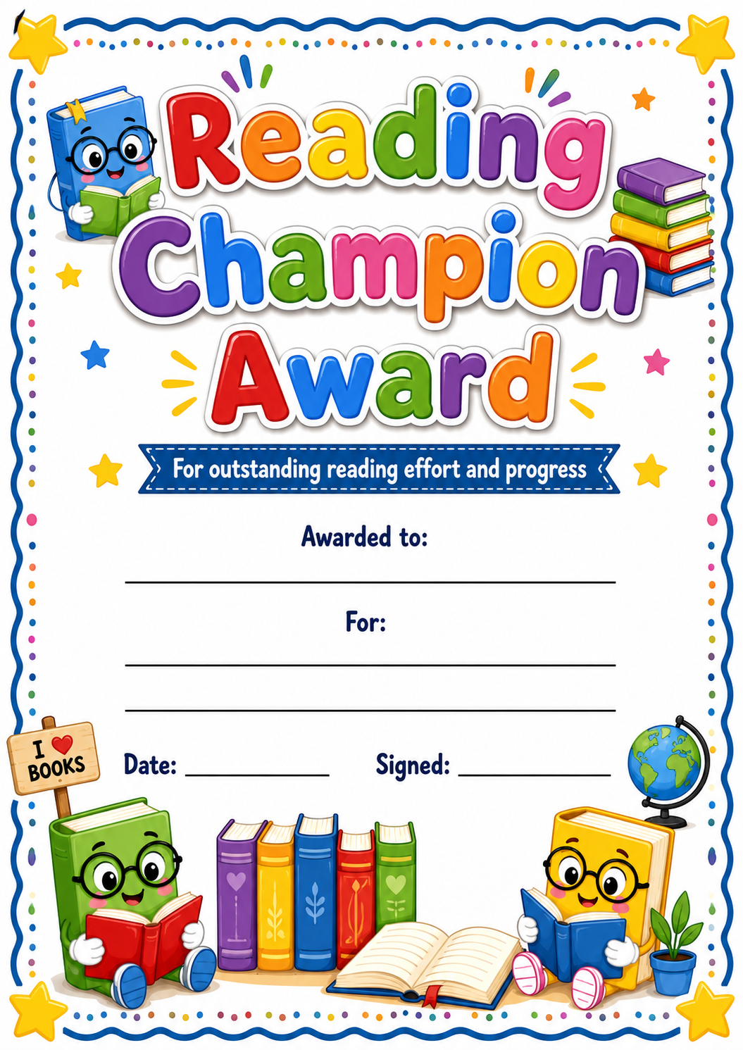 Reading Excellence Award printable preview
