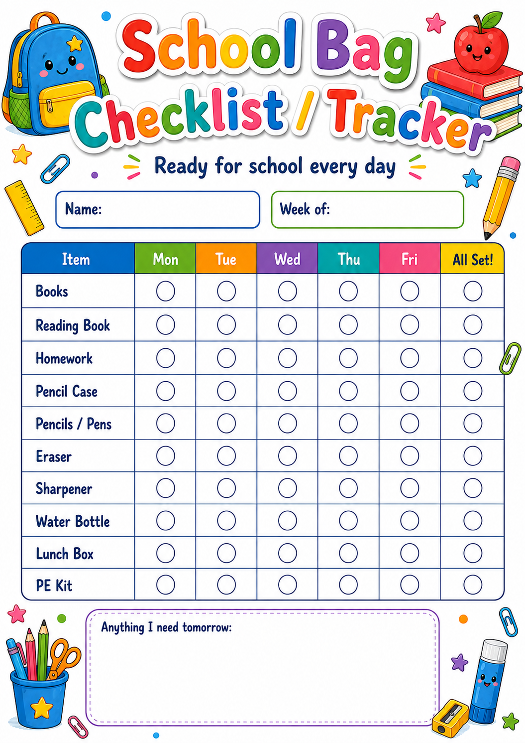 School Bag Routine Checklist printable preview