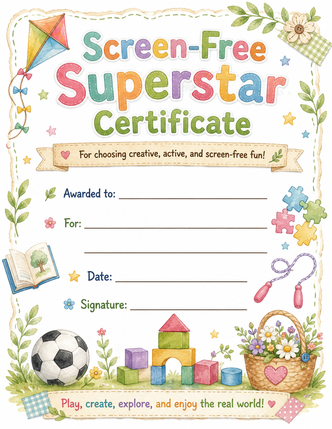 Screen-Free Superstar Certificate printable preview