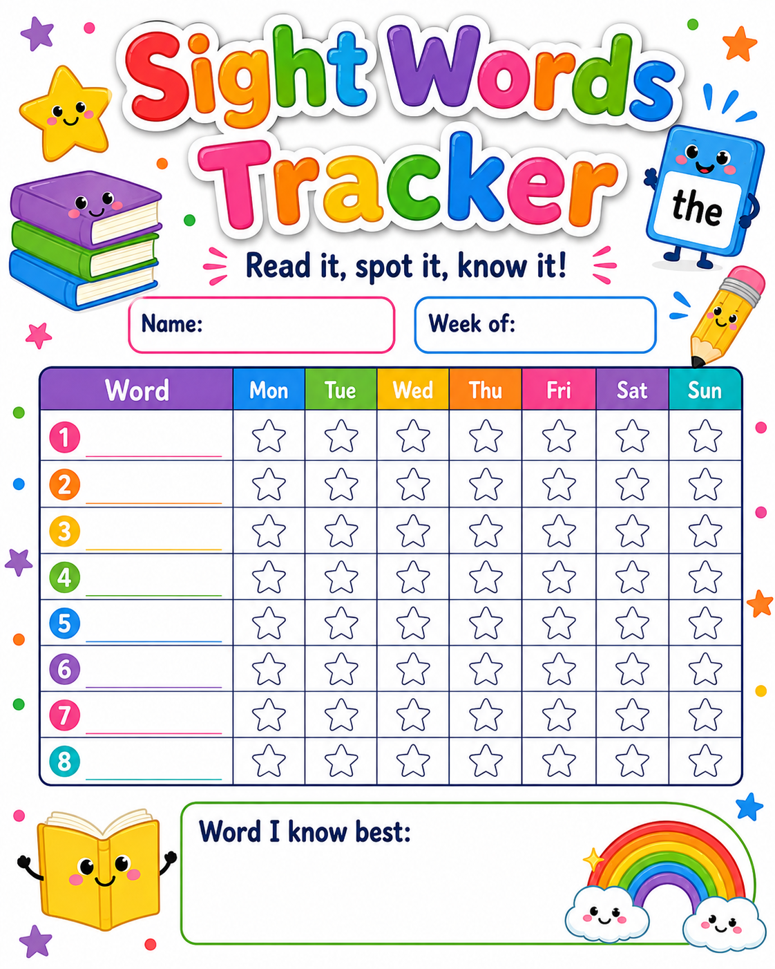 Sight Words Progress Tracker printable preview