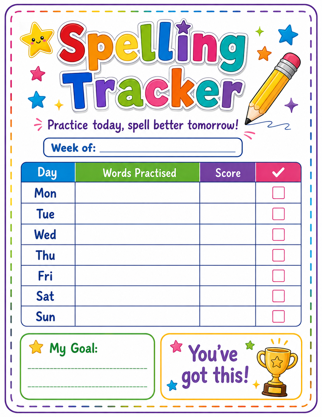 Spelling Practice Record printable preview