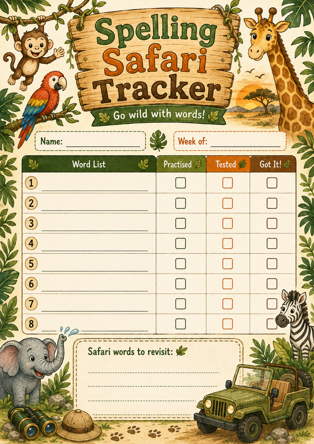 Spelling Progress Record printable preview