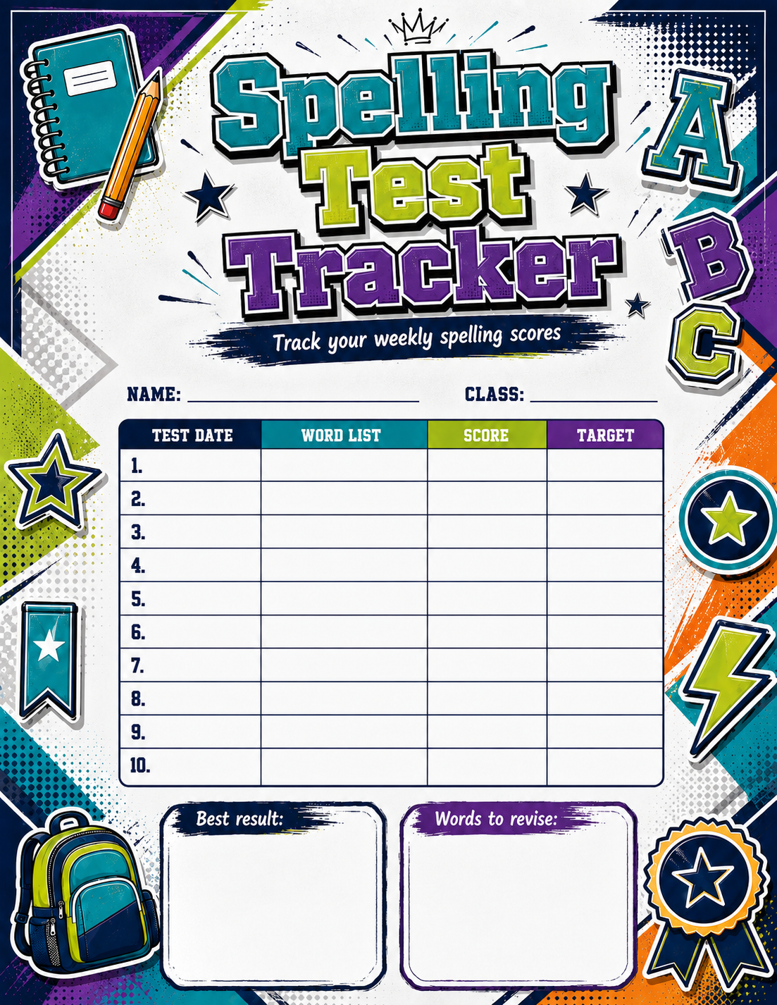 Spelling Test Results Tracker printable preview