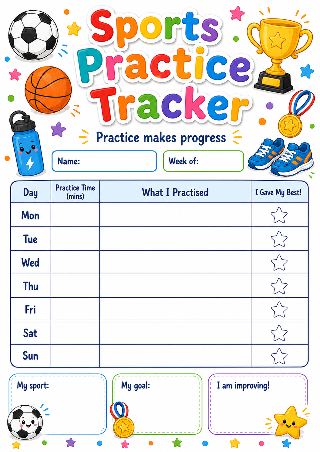 Sports Practice Progress Tracker printable preview