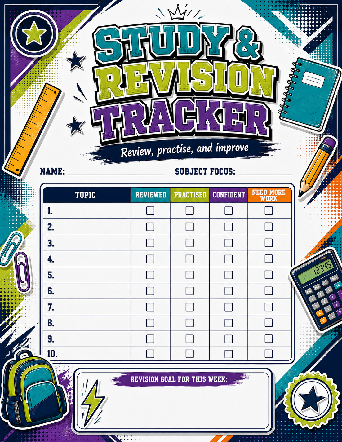 Study & Revision Tracker printable preview