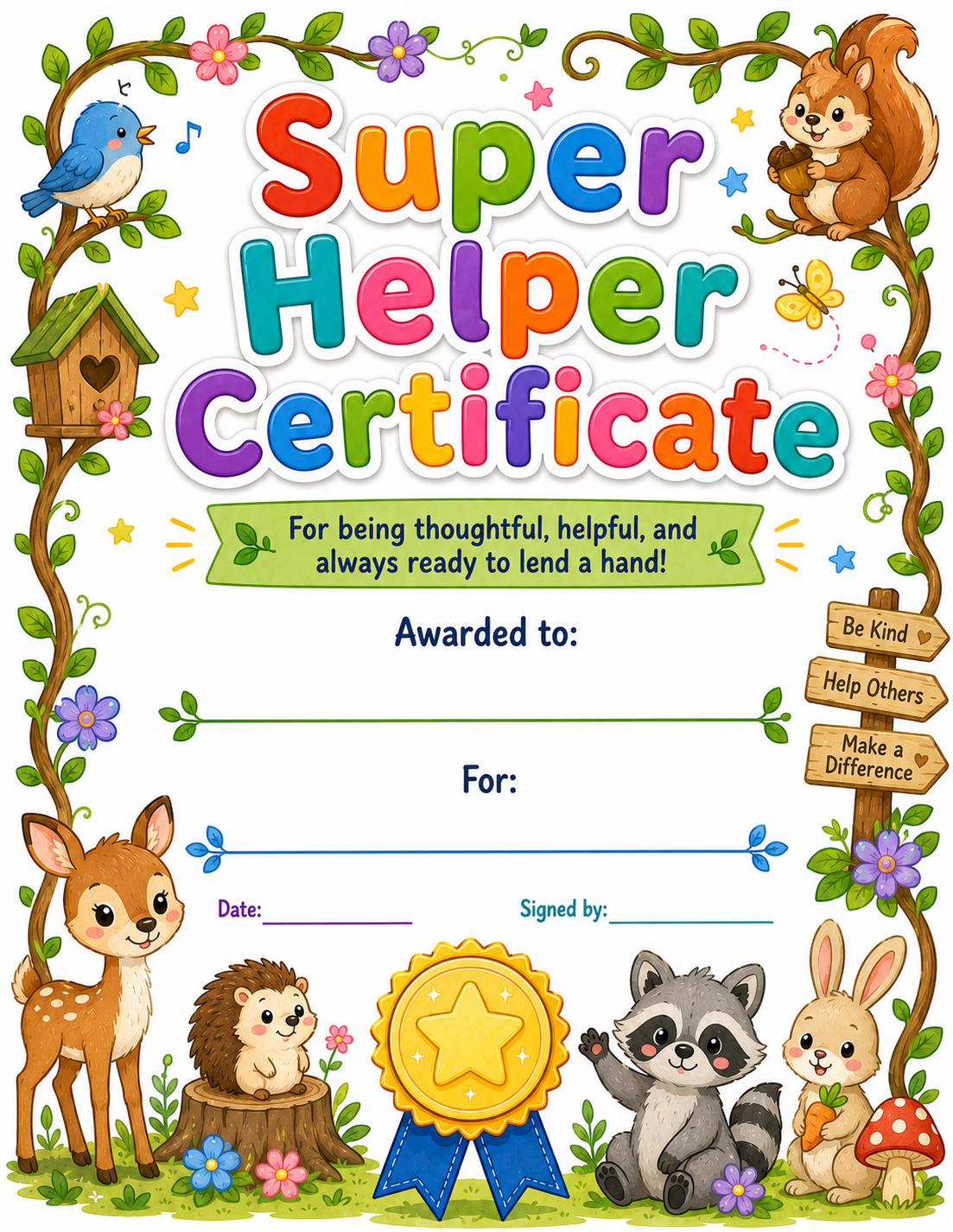 Super Helper Certificate printable preview