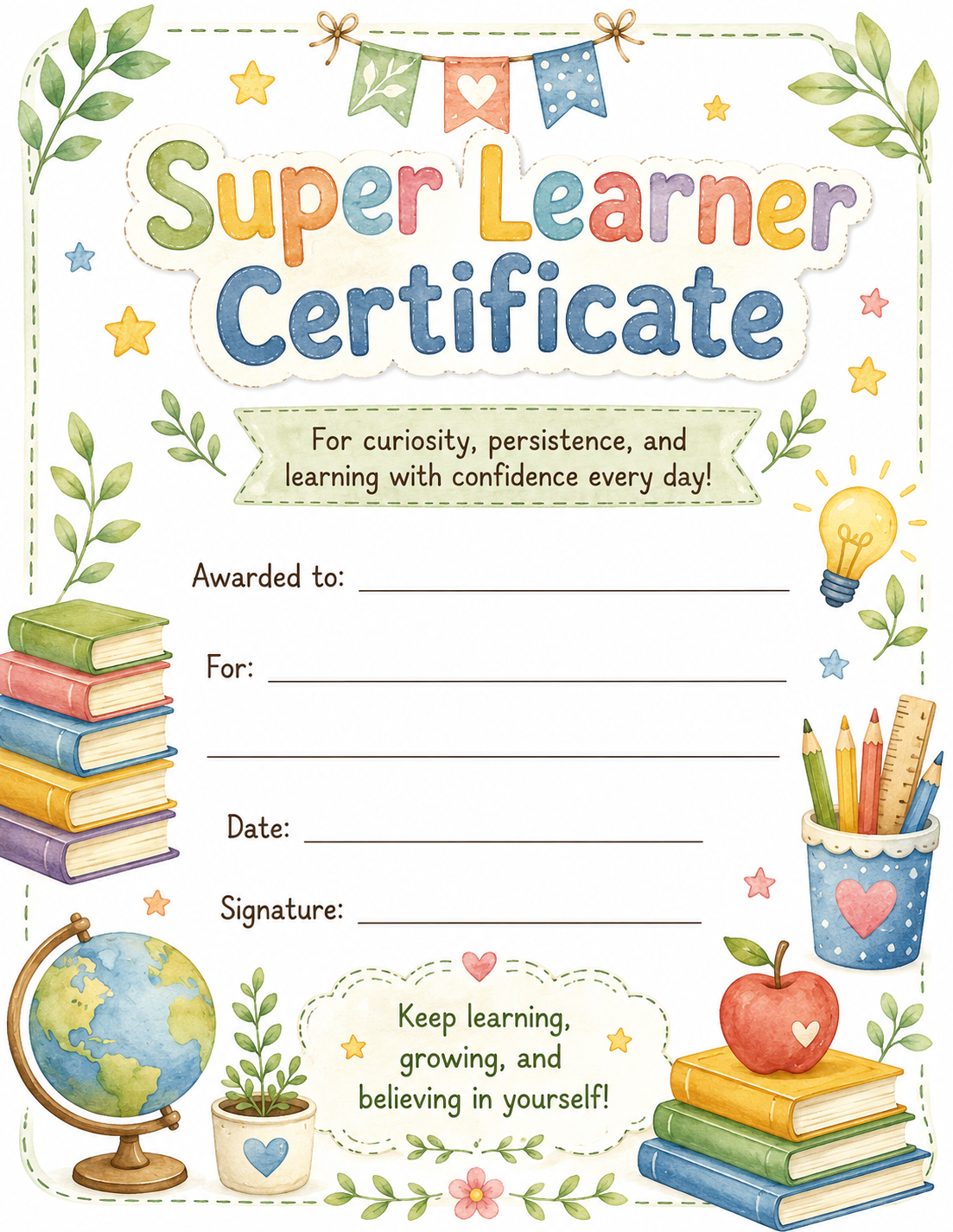 Super Learner Certificate printable preview