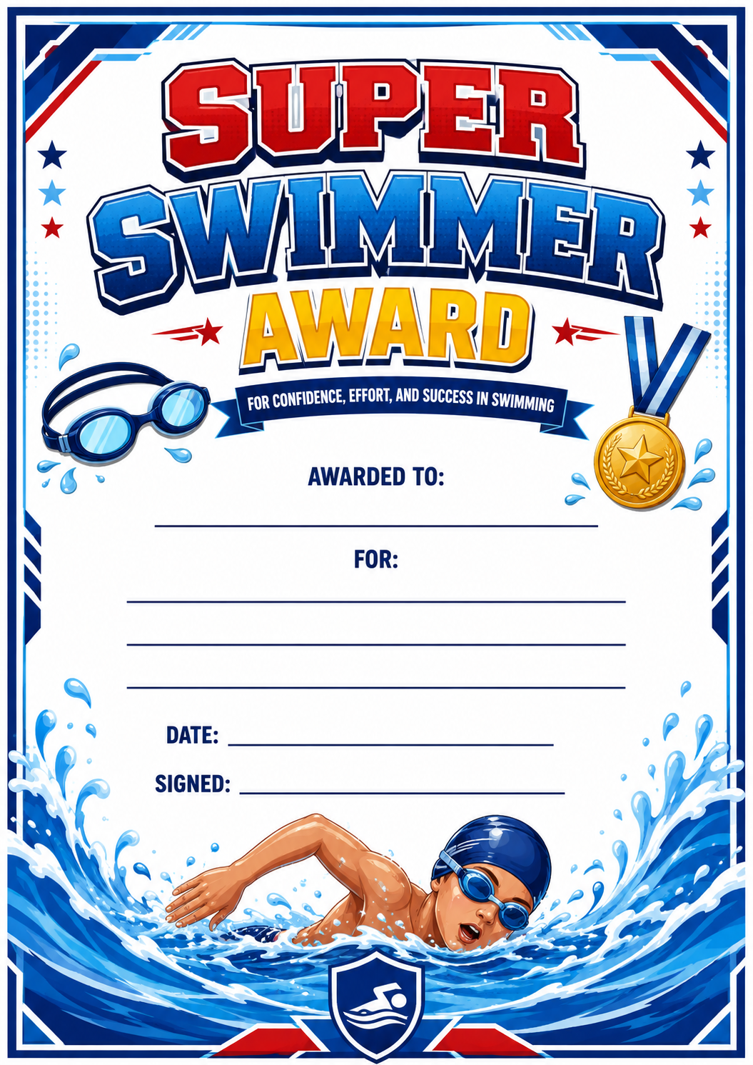 Super Swimmer Certificate printable preview