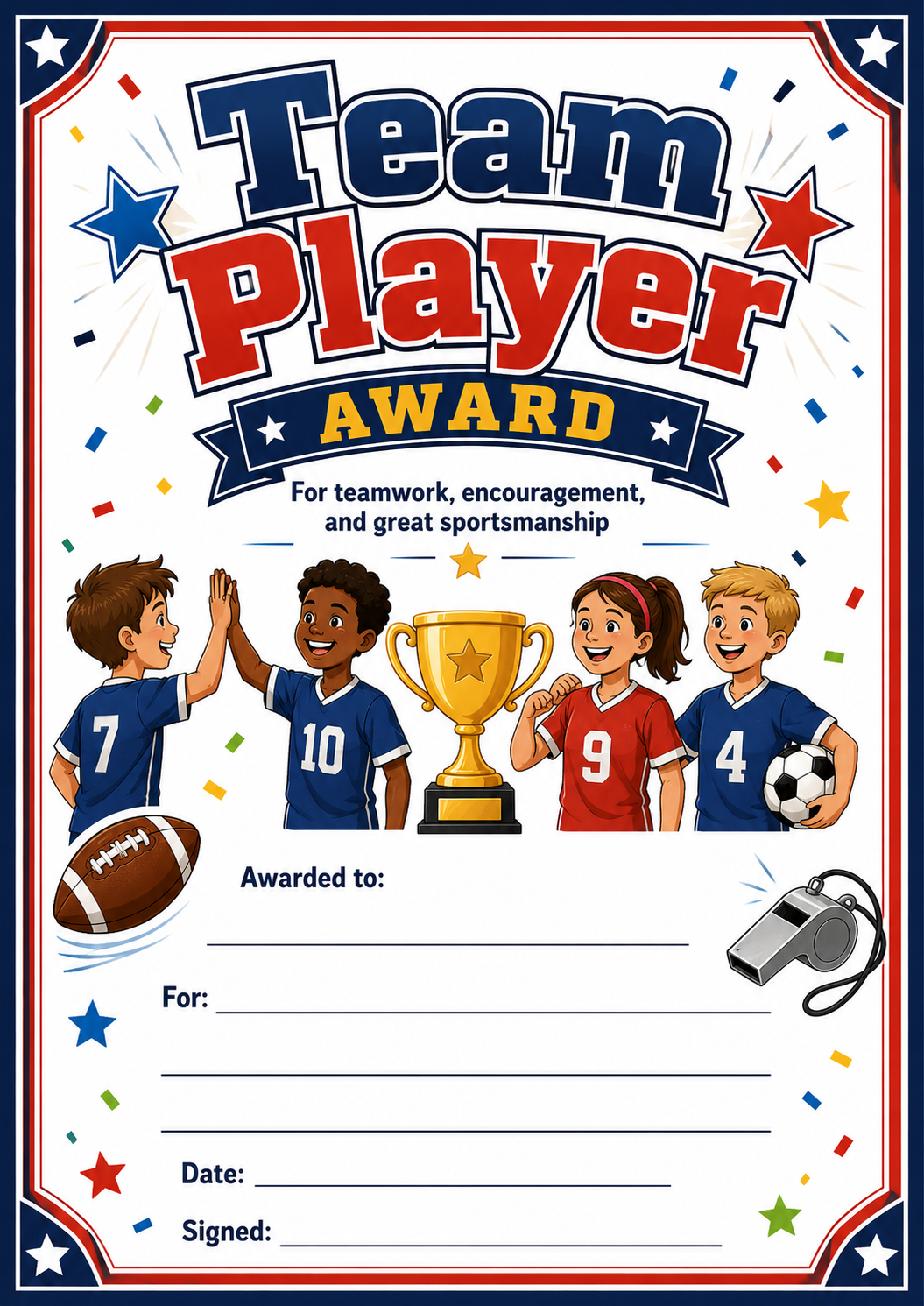 Team Player Sports Certificate printable preview
