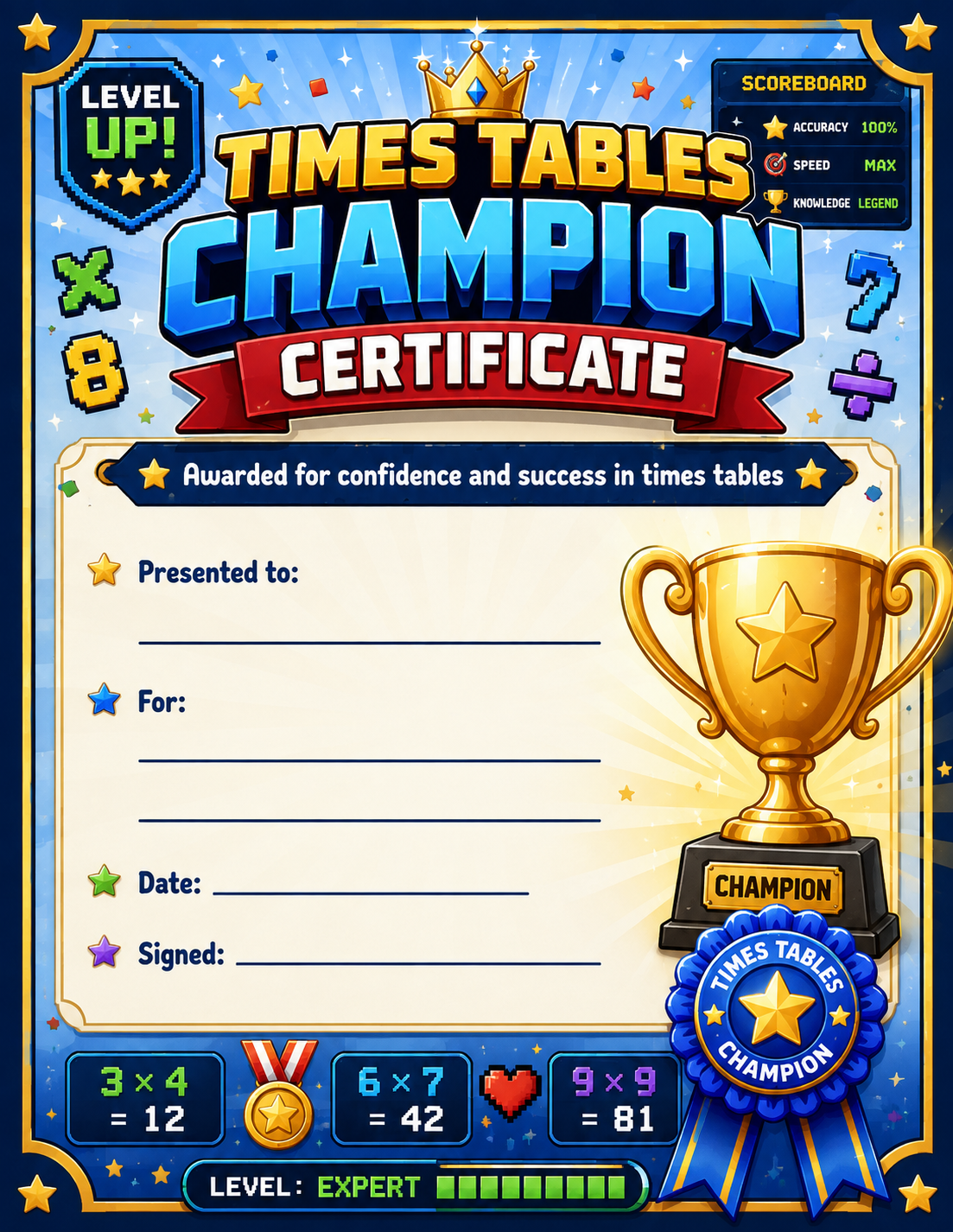 Times Tables Champion Certificate printable preview
