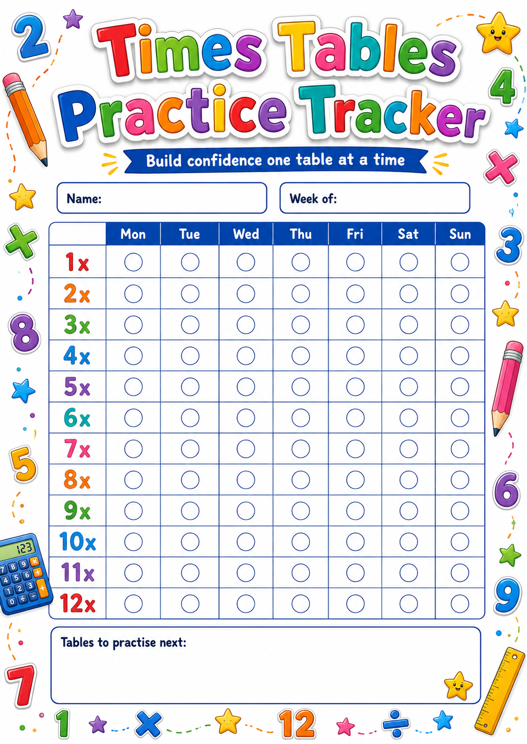 Times Tables Practice Tracker printable preview