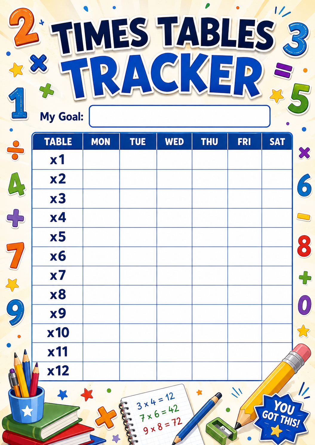 Times Tables Tracker printable preview