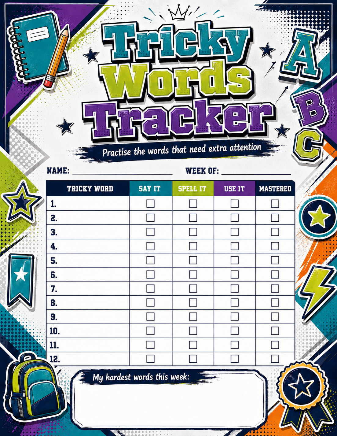Tricky Words Practice Tracker printable preview