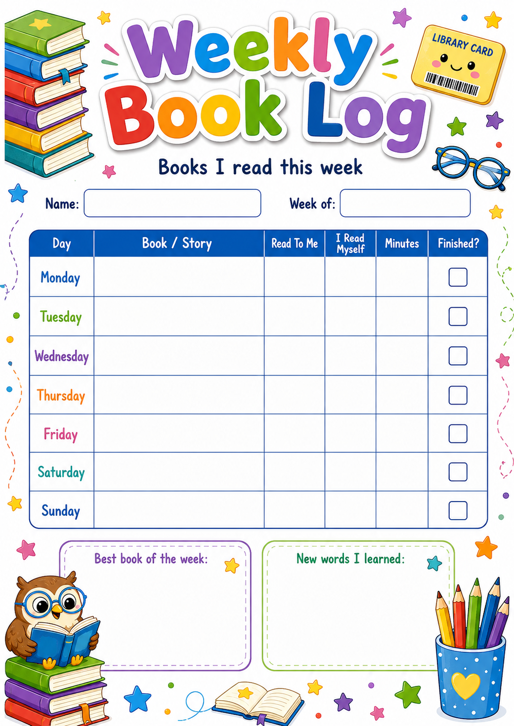 Weekly Book Log printable preview