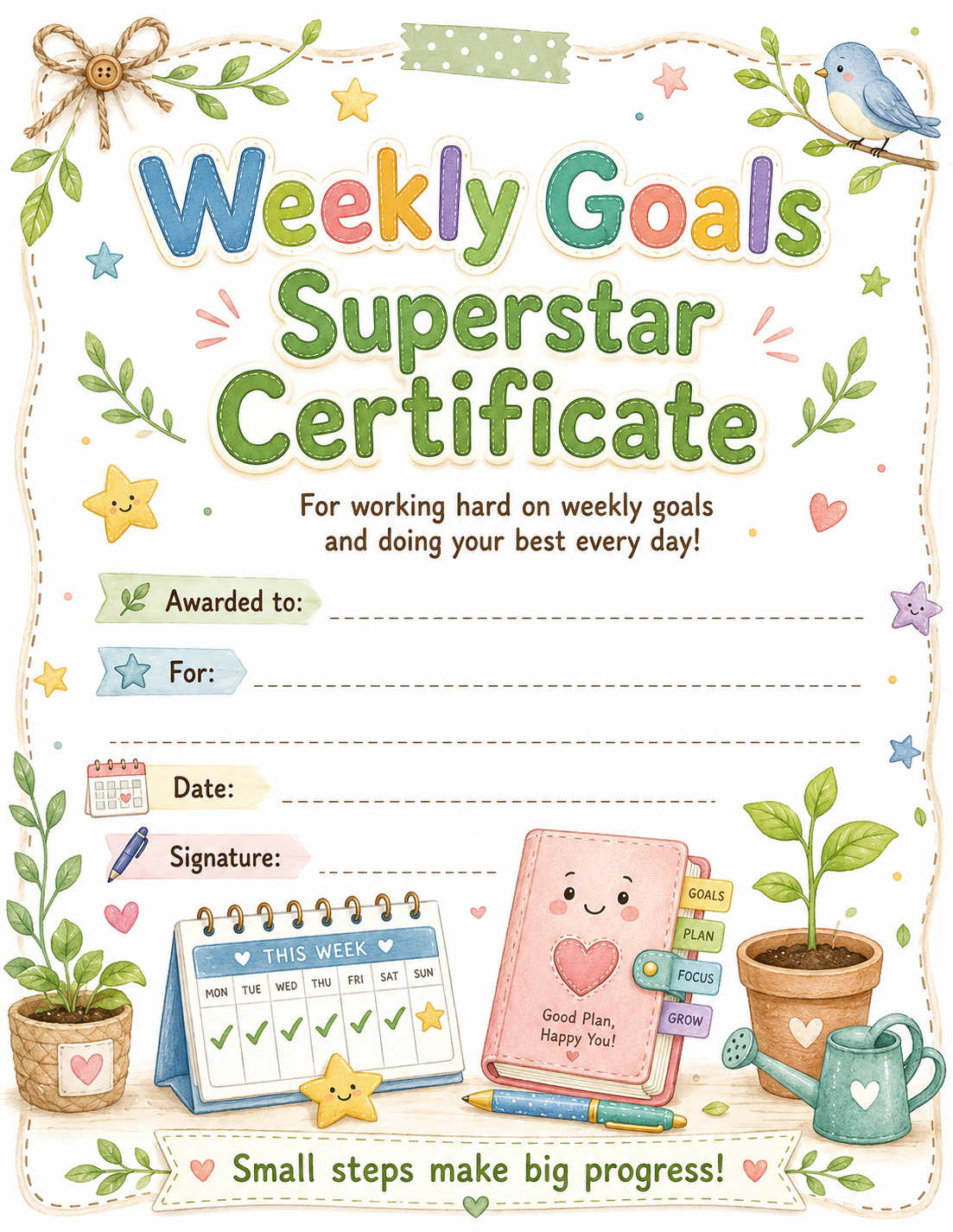 Weekly Goals Superstar Certificate printable preview